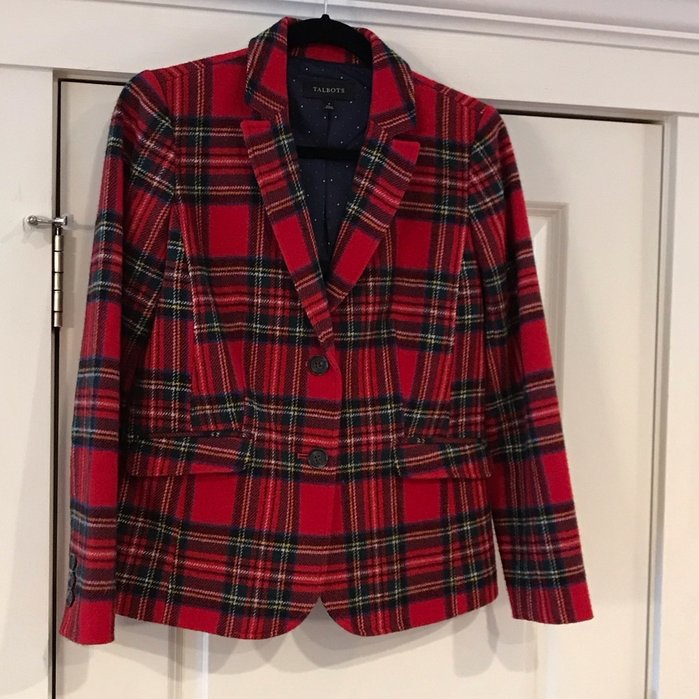 🎄Talbots Vibrant Red Tartan wool blend  Blazer. Sz 4 EUC. So festive 🎄
